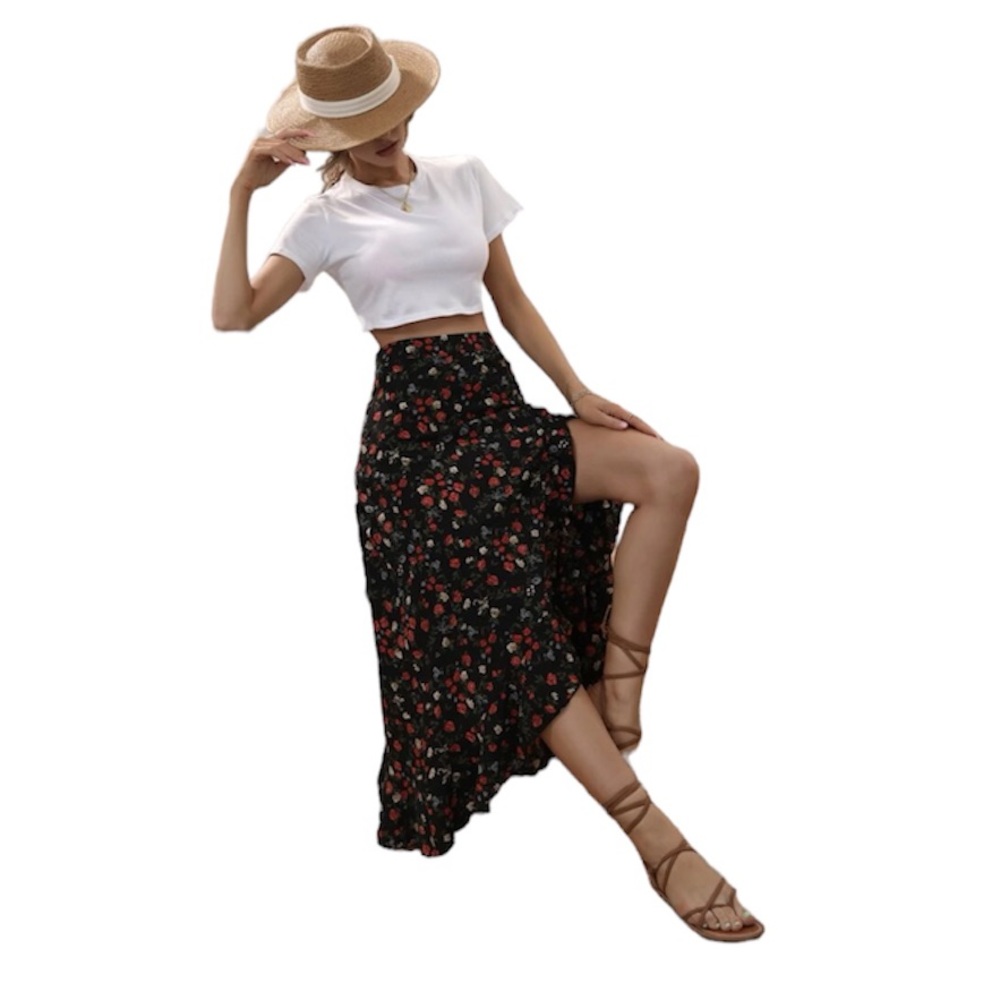 Ditsy Floral Print Ruffle Trim Asymmetrical Hem Skirt - Picture 4 of 7